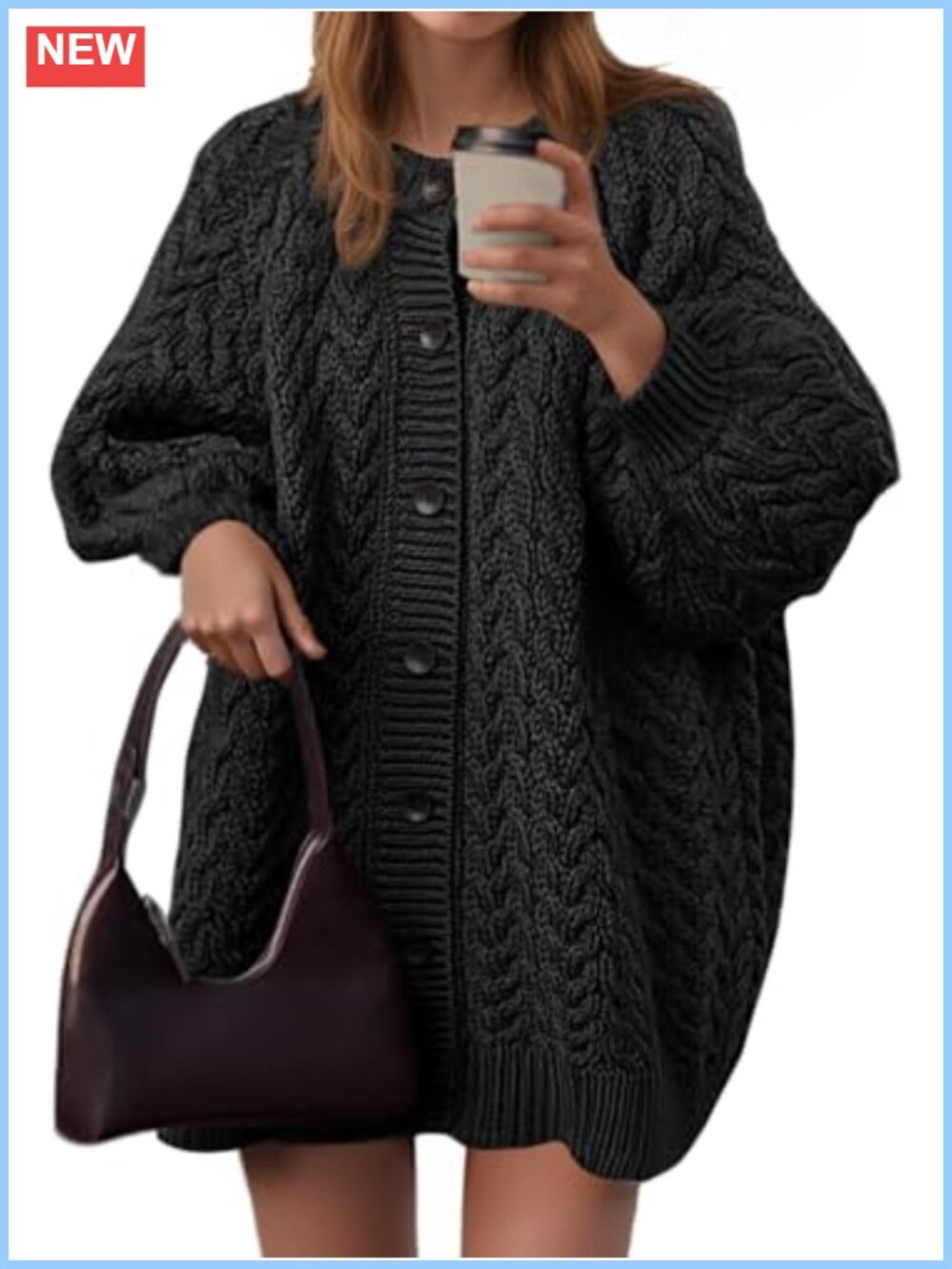 Cable Knit Button Down Oversized Chunky Cardigan Lantern Sleeve Fall Sweater
